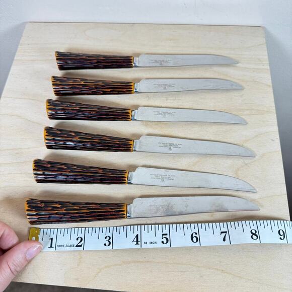 VTG Westall Richardson Sheffield England 6 Steak Knifes Bakelite Antler Handles - Picture 2 of 7